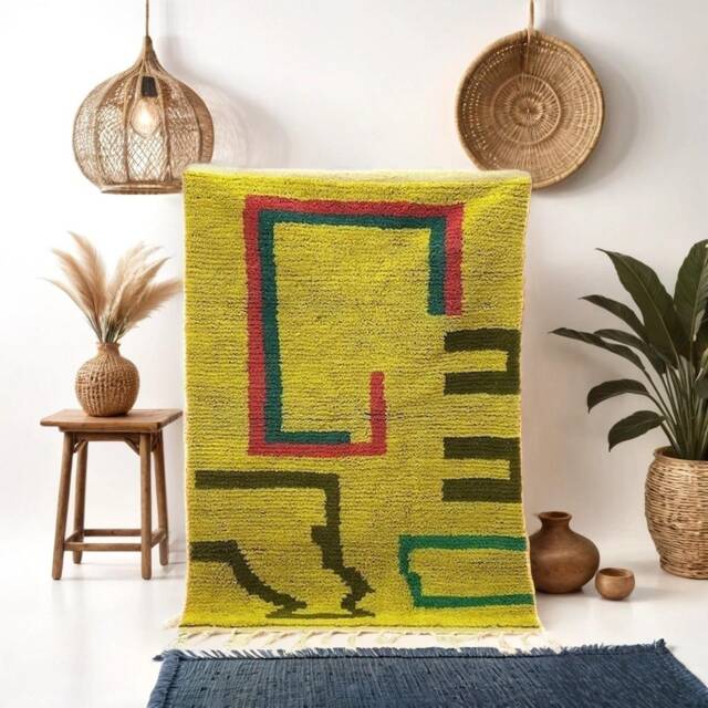 Green Berber Moroccan Wool Rug Handmade Boujaad Boho Decor - image 1