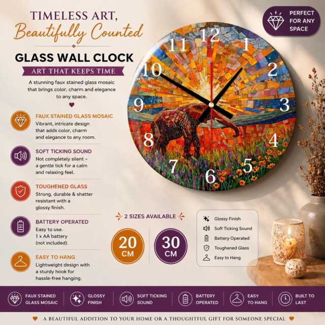 African Elephant Glass Wall Clock Faux Stained Mosaic - image 1