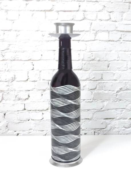 Black & Silver Wavy Wine Bottle Votive Candle Holder Decoupage Design - image 1