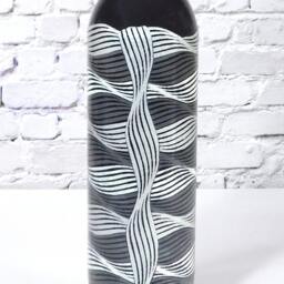 Black & Silver Wavy Wine Bottle Votive Candle Holder Decoupage Design - thumbnail 2
