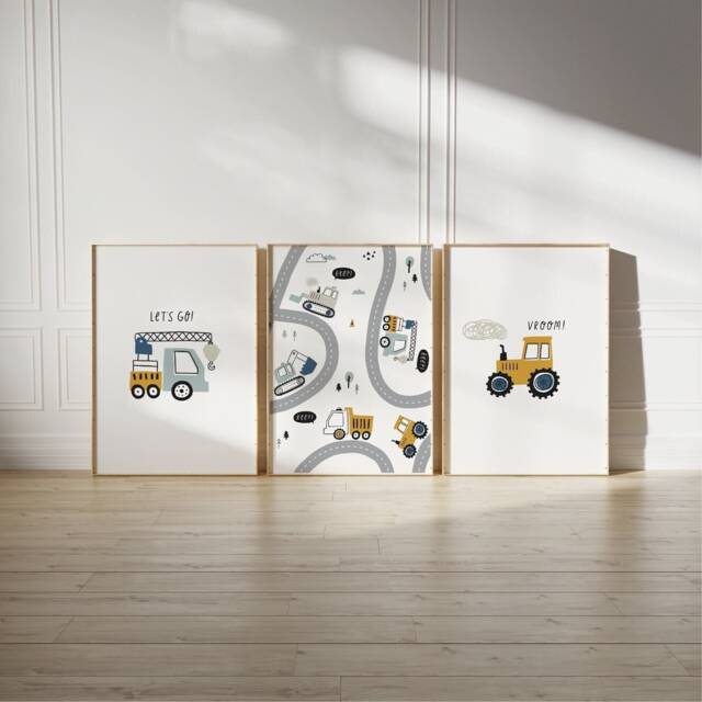 Set Of 3 Boys Nursery Wall Art Prints, Transport Of Construction Decor, Vehicle Construction, Boy - image 1