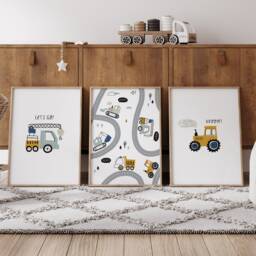 Set Of 3 Boys Nursery Wall Art Prints, Transport Of Construction Decor, Vehicle Construction, Boy - thumbnail 3