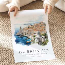 Dubrovnik Art Print, Poster, Croata Travel Unique Anniversary Gift, Croatia Map Coordinates, Wall - thumbnail 2