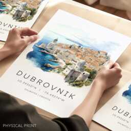 Dubrovnik Art Print, Poster, Croata Travel Unique Anniversary Gift, Croatia Map Coordinates, Wall - thumbnail 1