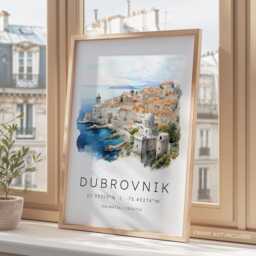 Dubrovnik Art Print, Poster, Croata Travel Unique Anniversary Gift, Croatia Map Coordinates, Wall - thumbnail 3