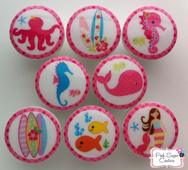 8 Key West Mermaid North Shore Knobs Under The Sea Kids Nursery Room Hibiscus Seahores Summer Surf Drawer Pull Bedding Decor Ocean - image 1