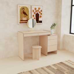 Birch Plywood Scandi Dressing Table Mid-Century Modern Desk With 5 Push-Open Drawers - thumbnail 1