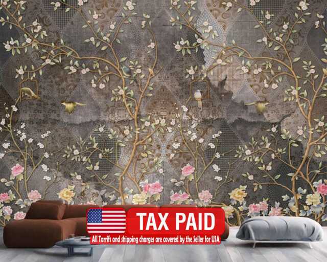 Chinoiserie Floral Wallpaper Mural, Grunge Tile Art Peel & Stick - image 1