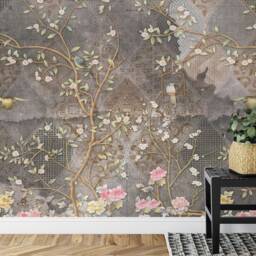 Chinoiserie Floral Wallpaper Mural, Grunge Tile Art Peel & Stick - thumbnail 2