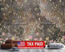 Chinoiserie Floral Wallpaper Mural, Grunge Tile Art Peel & Stick - thumbnail 1