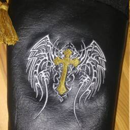 "New Black Faux Leather Christmas Stocking ""Winged Cross" - thumbnail 3