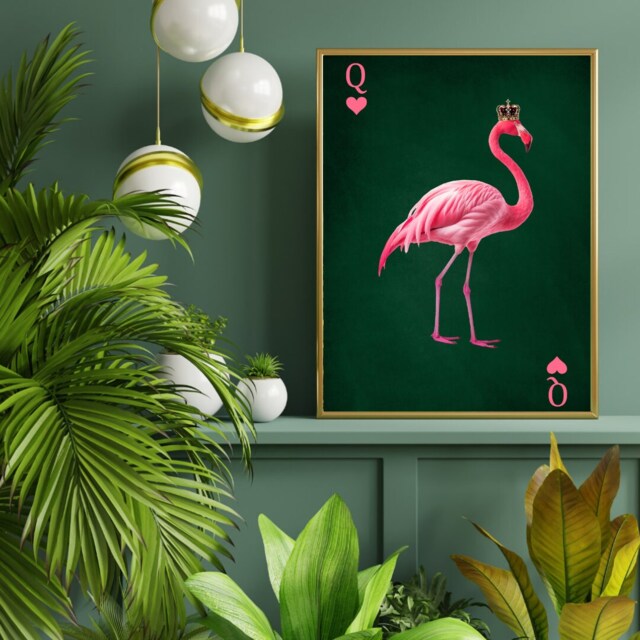 Queen Of Hearts Flamingo Print Vibrant Playing Card Style Wall Art - Maximalist Animal Statement Masterpiece - image 1