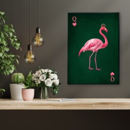 Queen Of Hearts Flamingo Print Vibrant Playing Card Style Wall Art - Maximalist Animal Statement Masterpiece - thumbnail 2