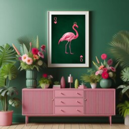 Queen Of Hearts Flamingo Print Vibrant Playing Card Style Wall Art - Maximalist Animal Statement Masterpiece - thumbnail 3