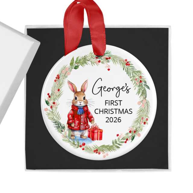 Personalised Christmas Ornament With Name, 2026, Custom Xmas Bauble, Kids Decoration, Blue Or Pink Rabbit, Holiday Hanging Decor - image 1
