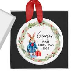 Personalised Christmas Ornament With Name, 2026, Custom Xmas Bauble, Kids Decoration, Blue Or Pink Rabbit, Holiday Hanging Decor - thumbnail 2
