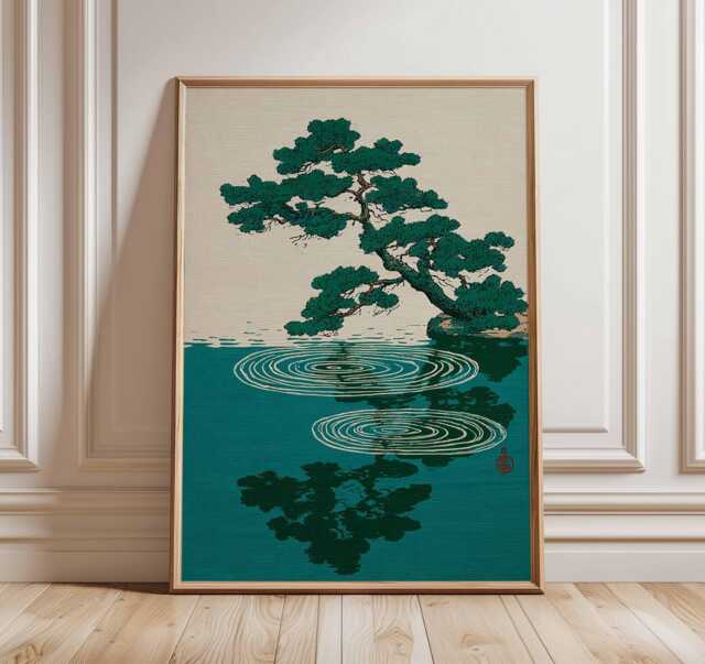 Japanese Tree Reflection Print, Zen Nature Wall Art, Minimalist Landscape Artwork, Calm Botanical Home Decor, Serenity Art - image 1