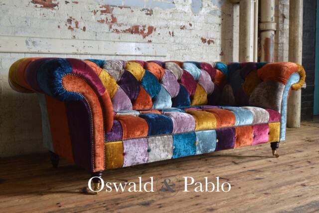 Unique British Handmade 3 Seater Bright Multicoloured Patchwork Velvet Fabric Chesterfield Sofa - image 1