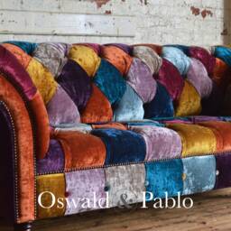 Unique British Handmade 3 Seater Bright Multicoloured Patchwork Velvet Fabric Chesterfield Sofa - thumbnail 3