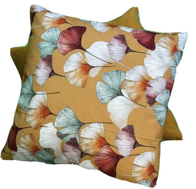 Gingko Cushion Cover Cumin Yellow Saffron Mustard Printed Cotton Botanical Plants - image 1