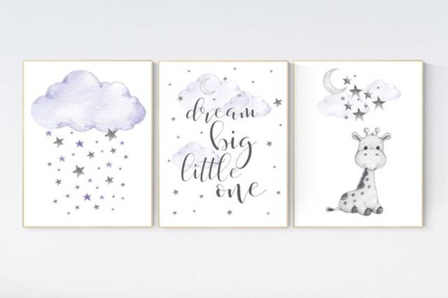 Giraffe Nursery Print Purple Cloud & Stars Wall Art - image 1