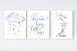 Giraffe Nursery Print Purple Cloud & Stars Wall Art - thumbnail 1