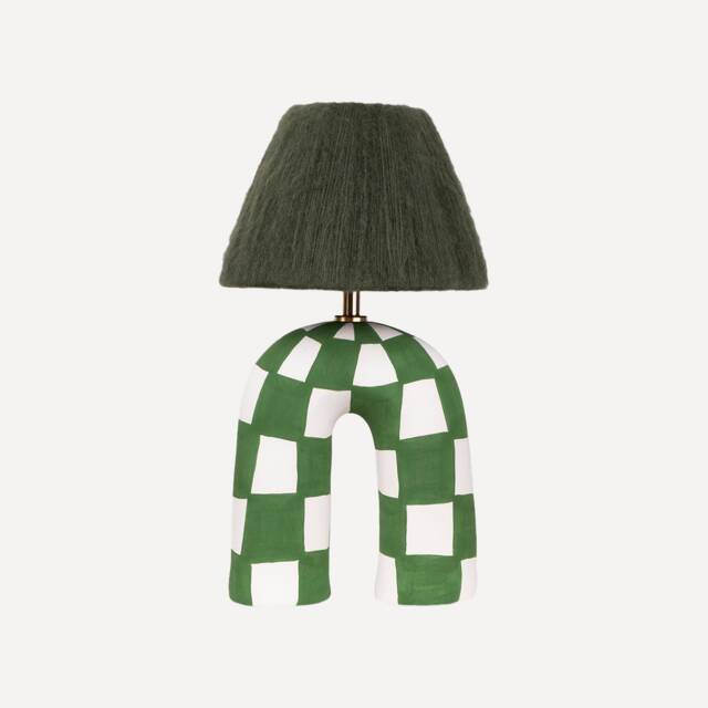 Handmade Green Checkered Ceramic Lamp With Alpaca Silk Shade - image 1