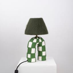 Handmade Green Checkered Ceramic Lamp With Alpaca Silk Shade - thumbnail 3
