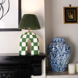 Handmade Green Checkered Ceramic Lamp With Alpaca Silk Shade - thumbnail 2