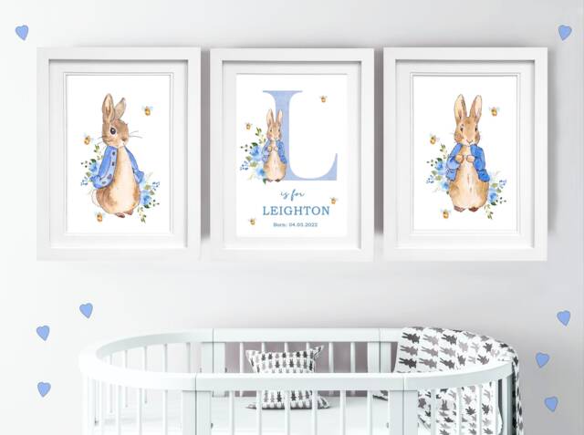 Peter Rabbit Bunny Set Of Three Prints Nursery Boys Baby Room A3 A4 A5 Personalised 300Gsm Quality Linen Card - image 1