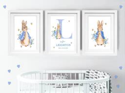 Peter Rabbit Bunny Set Of Three Prints Nursery Boys Baby Room A3 A4 A5 Personalised 300Gsm Quality Linen Card - thumbnail 1