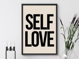 Self Love Beige Black Wall Print, Framed Print Poster - Neutral Monochrome Bedroom Life Quote Home Decor Gift A5 A4 A3 - thumbnail 1
