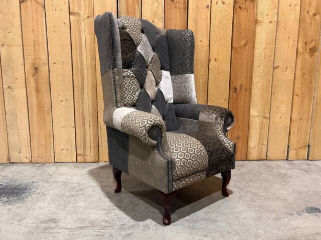 Unique Beige, Cream Patterned Velvet Patchwork Chesterfield High Back Wing Chair, British Handmade - image 1