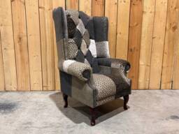 Unique Beige, Cream Patterned Velvet Patchwork Chesterfield High Back Wing Chair, British Handmade - thumbnail 1