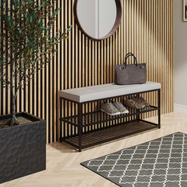 Asa - Metal Bench For The Hall, Quilted Seat With Shelves. Shoe Stool Shoe Storage, Pouf Home, Industrial - image 1
