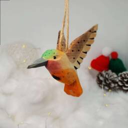 Hand Painted Hummingbird Ornament Rustic Wooden Christmas Decor - thumbnail 3