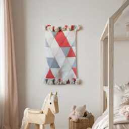 Pastel Circus Nursery Decor Woven Tapestry Wall Hanging, Diamond Patterned Textile Art - thumbnail 2