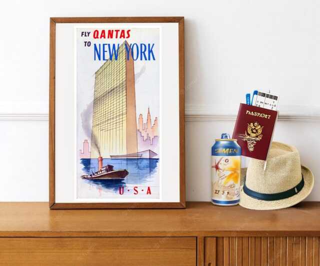 Reprint Of A Vintage Airline Travel Poster - Quantas To Ny - image 1