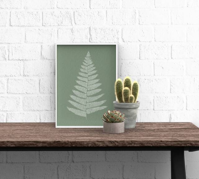 Sage Green Fern Print Textured Botanical Wall Art - A5 A4 - image 1