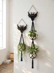 2 Tier Bat Plant Hanger, Macrame Wall Decor, Boho Holder, Gothic Spooky Season Witchy Room Gifts - thumbnail 1