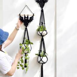 2 Tier Bat Plant Hanger, Macrame Wall Decor, Boho Holder, Gothic Spooky Season Witchy Room Gifts - thumbnail 4