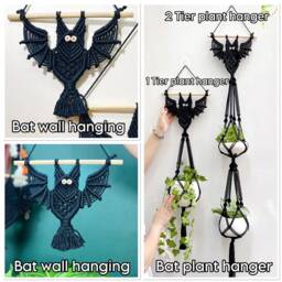2 Tier Bat Plant Hanger, Macrame Wall Decor, Boho Holder, Gothic Spooky Season Witchy Room Gifts - thumbnail 3