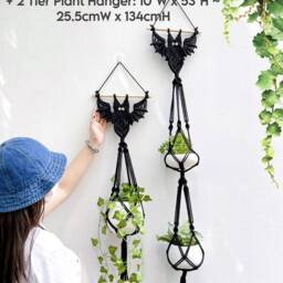 2 Tier Bat Plant Hanger, Macrame Wall Decor, Boho Holder, Gothic Spooky Season Witchy Room Gifts - thumbnail 2