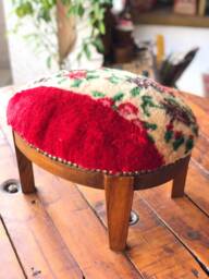 Vintage Carpet Ottoman Stool, Beech Wood Legs, Oval Pouf - thumbnail 1