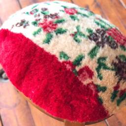 Vintage Carpet Ottoman Stool, Beech Wood Legs, Oval Pouf - thumbnail 3