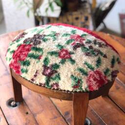 Vintage Carpet Ottoman Stool, Beech Wood Legs, Oval Pouf - thumbnail 2