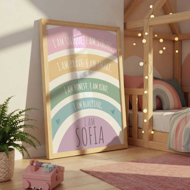 Girls Affirmation Print, Personalised Bedroom Decor, Rainbow, You Are Loved, Positive, Nursery Wall Art, Playroom, Motivational - image 1