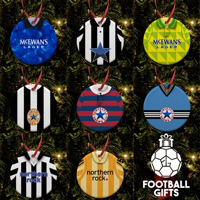 Newcastle Utd Retro Home & Away Shirts Classic Kits Christmas Tree Decoration Bauble Flat Ceramic - Toon Army Great Choice Of - image 1