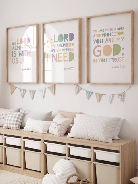 Set Of 3 Bible Verse Prints, Girls Nursery Bedroom Decor, God, Christian Wall Art, Jesus, Scripture Prints - image 1