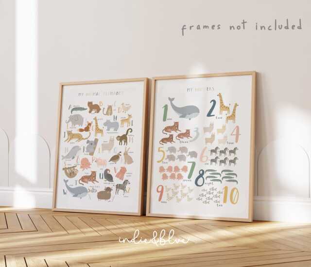 Animal Alphabet & Numbers Print Set, Educational Prints, Scandi Nursery, Playroom Kids Art - image 1